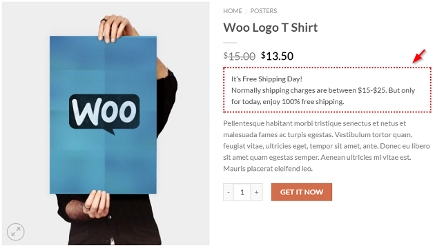 woocommerce free shipping day custom message on product page