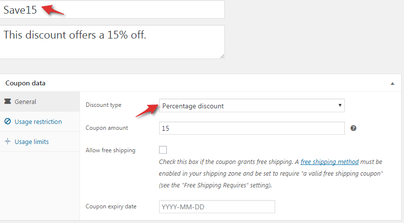 WooCommerce discount coupon Save 15