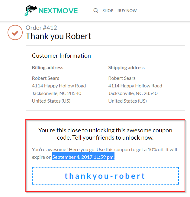 Personalized Coupon with Deadline Revealed on Thank You Page