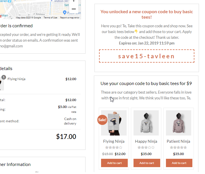 woocommerce thank you page coupon code